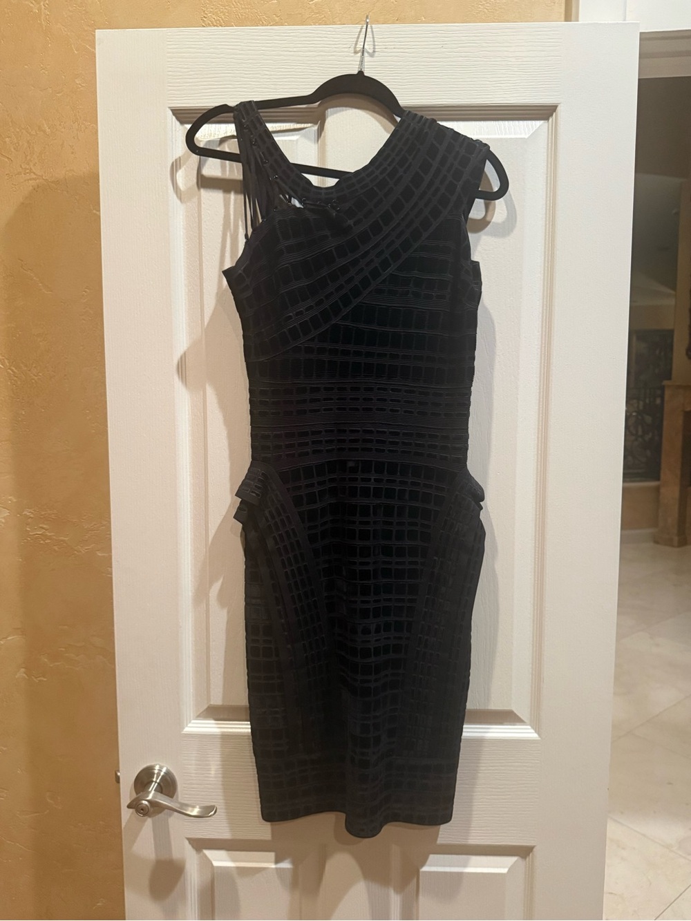 Herve Leger Black One-Shoulder Textured Sheath Dress